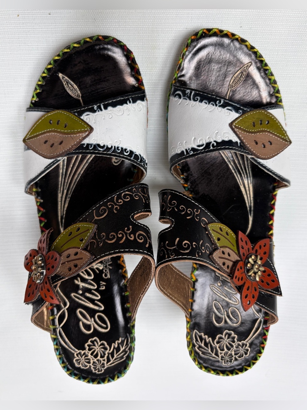 Elite by Corkys "Kalua" Floral Leather Wedge Sandals